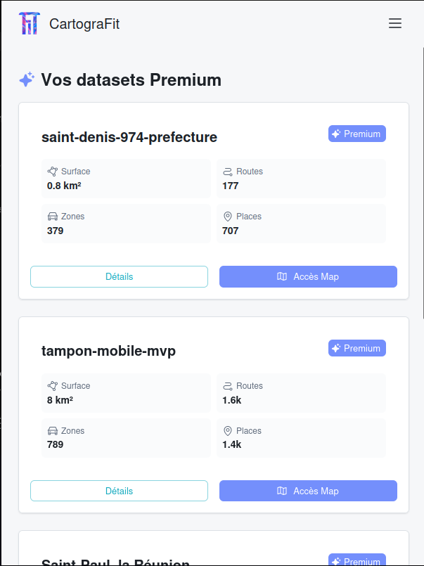 CartograFIT - Dashboard Vos datasets Premium