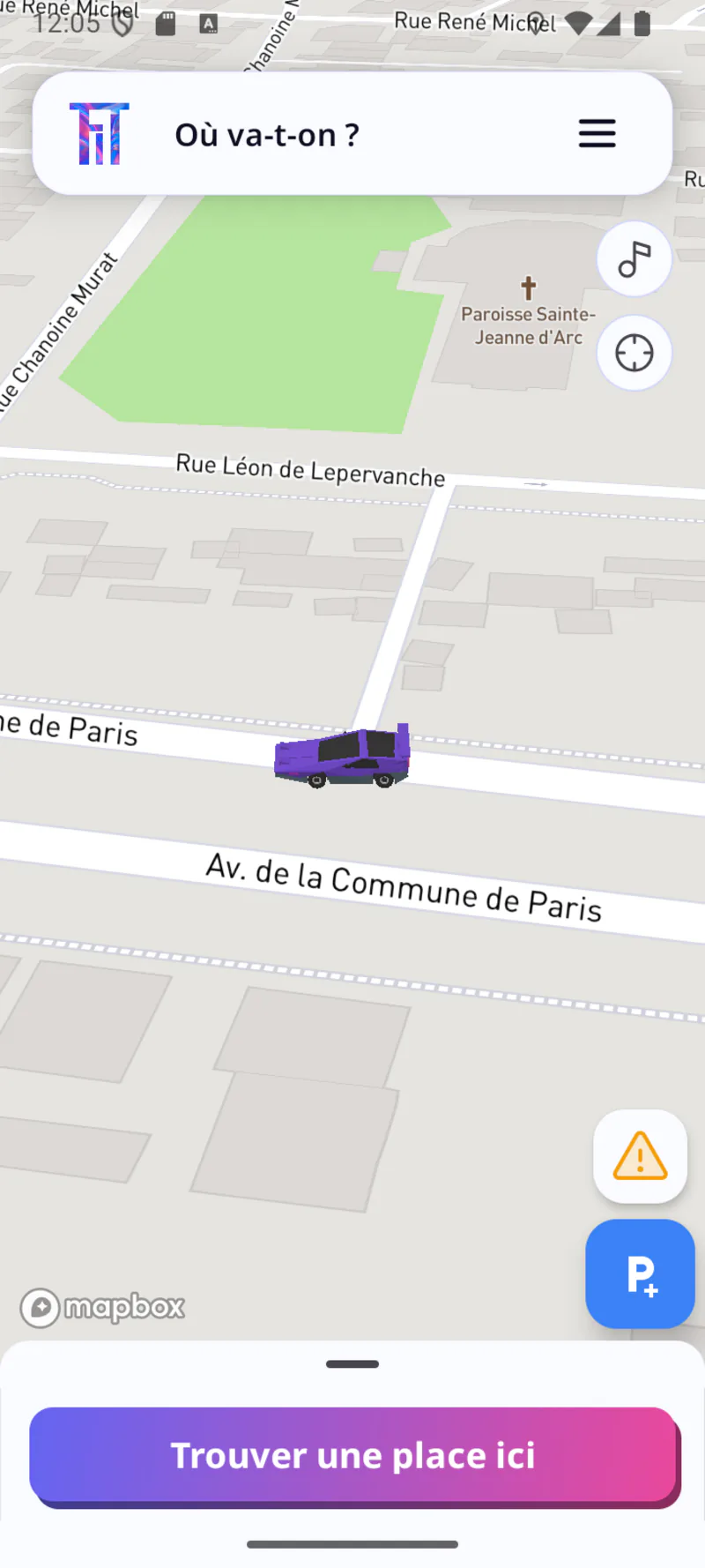 FiT home screen with a purple car marker and a green prediction zone