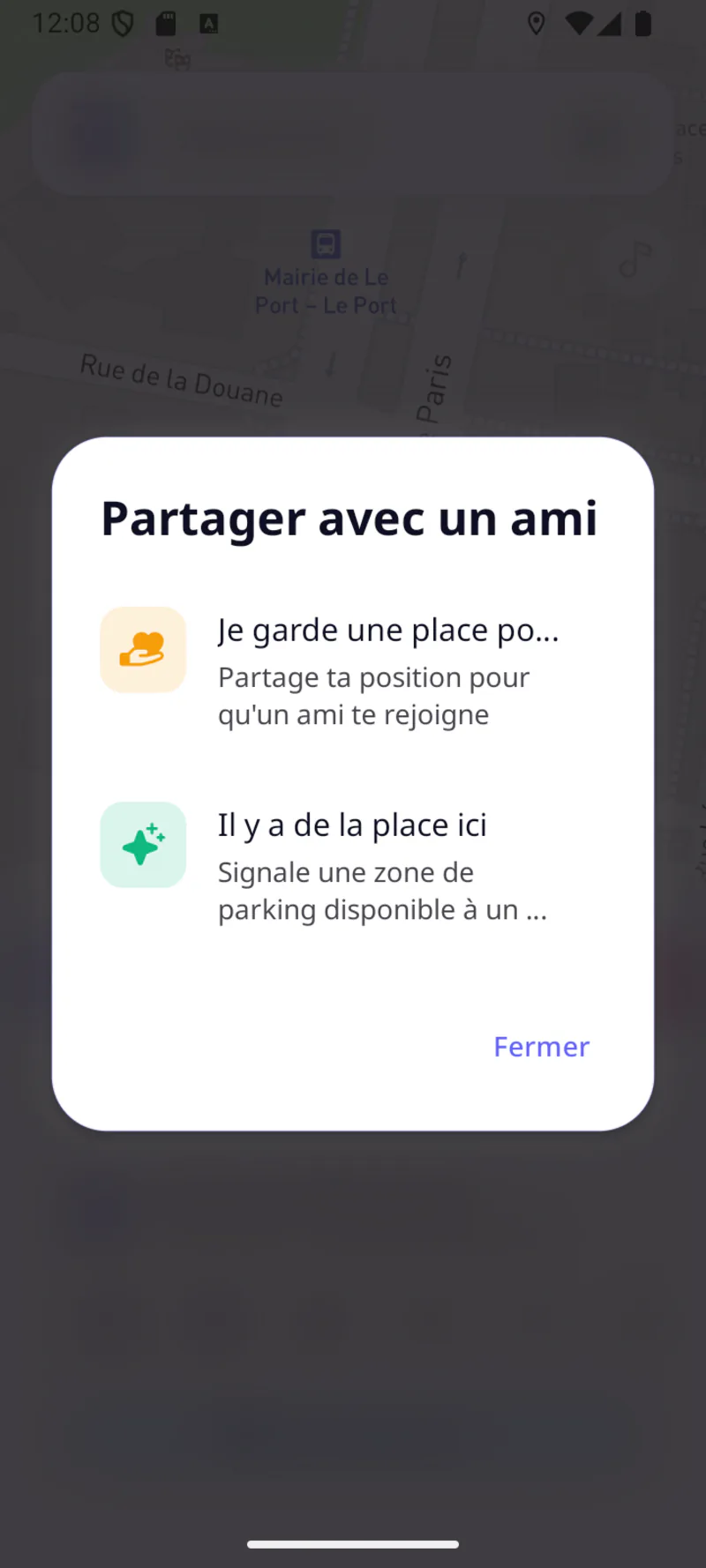 A "Share with a friend" dialog with two spot-sharing options