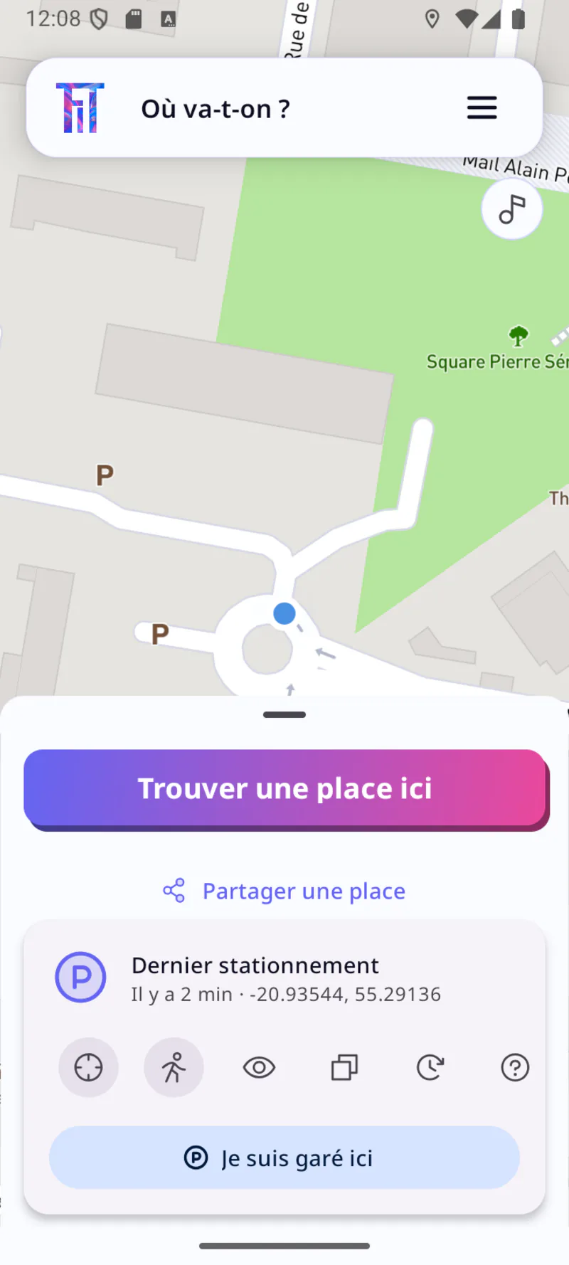 FiT post-parking home screen with a detailed "Last parking" block