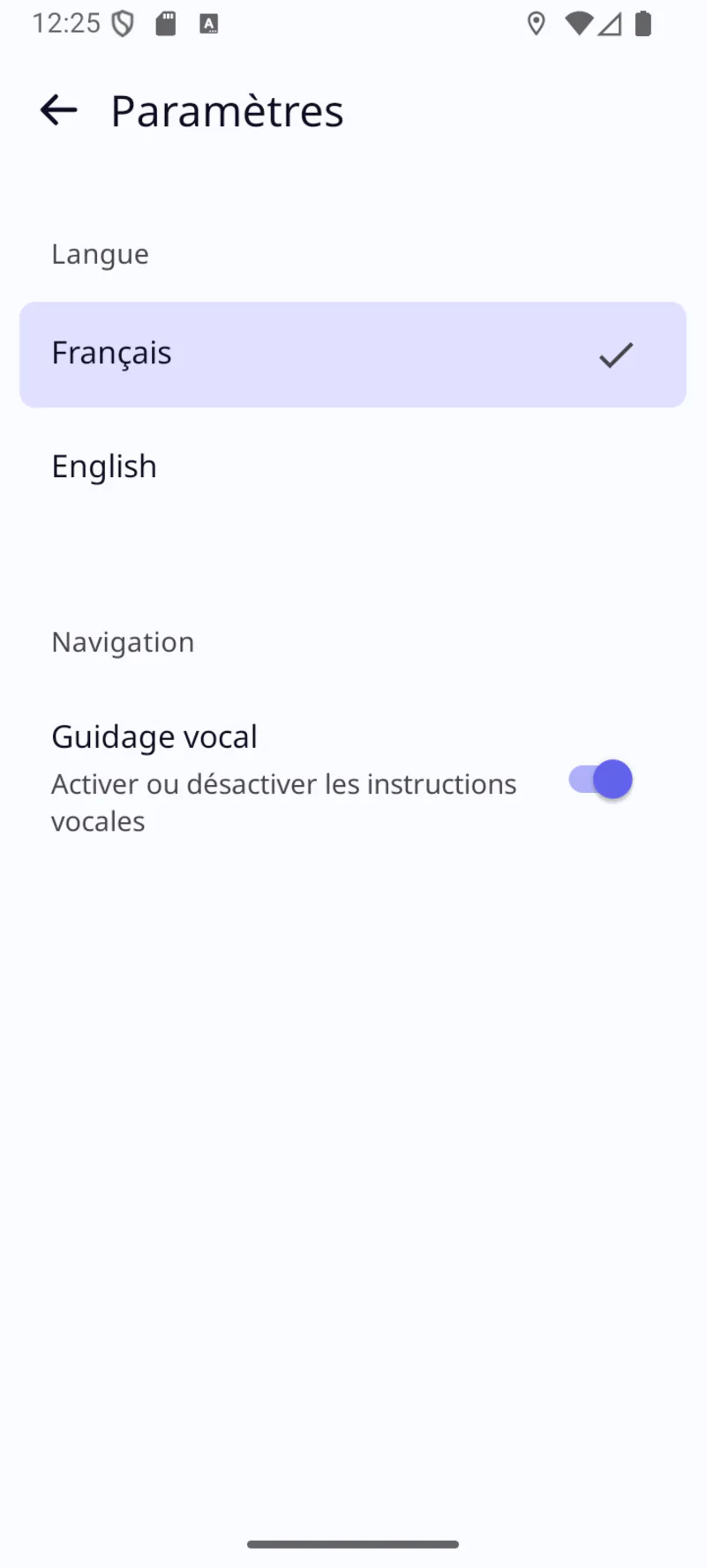 FiT settings with French / English language selection and voice guidance