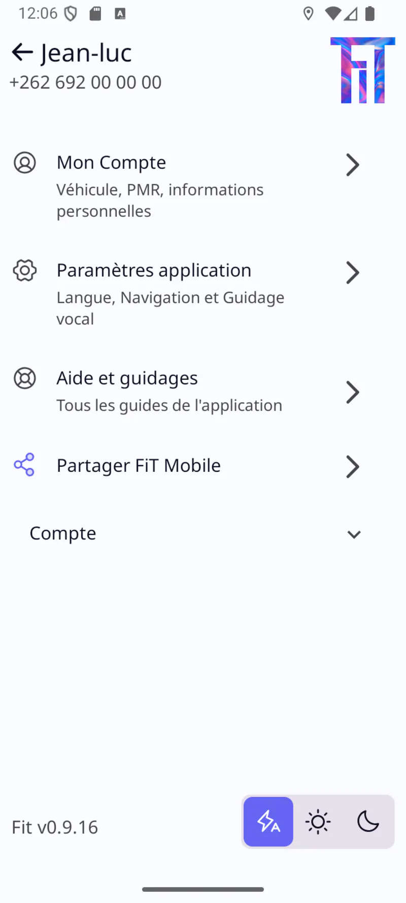 FiT menu screen in light theme with user profile and settings