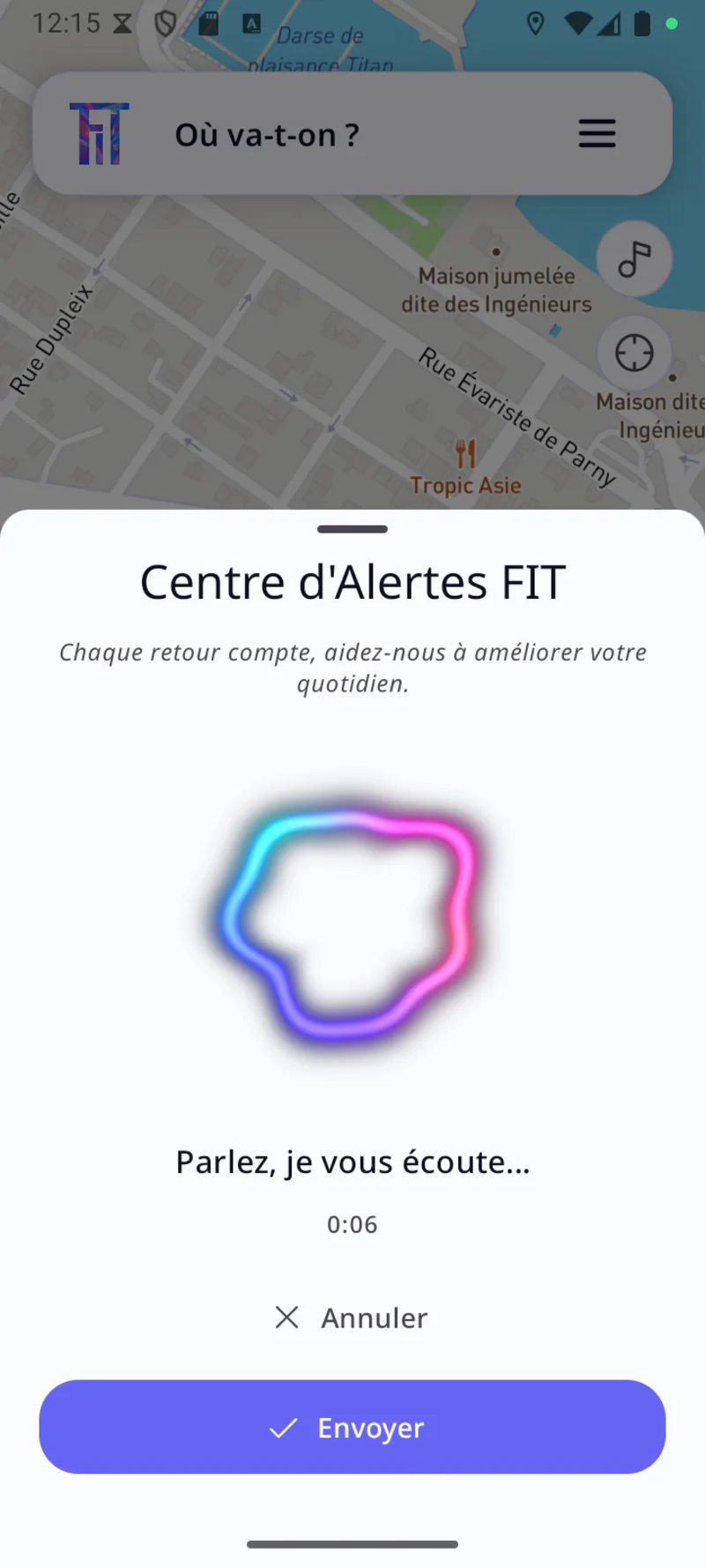 FiT alert center with a pulsing voice circle and the prompt "Talk, I'm listening"