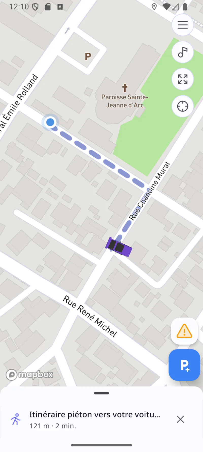 FiT map in walking mode with a dotted route between the car marker and the destination